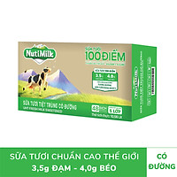 Thùng 48 bịch Nutimilk Sữa tươi 100 điểm Có đường 220ml