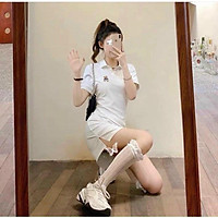 Đầm nữ dáng suông tay ngắn cổ polo in hình gấu dễ thương 2 màu đen trắng from dưới 55kg