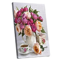 Tranh sơn dầu số hóa tự tô đã căn khung 40x50cm- RSB8171 lọ hồng bên tách trà