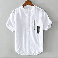 Áo sơ mi nam linen cổ tầu ngực vá vải trẻ trung LAHstore, thời trang trẻ, phong cách lịch lãm