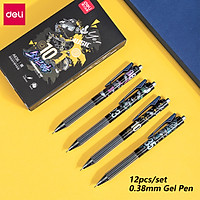 Deli 0.38mm Gel Pen 12pcs/set Cool Pattern Full Needle Tube Neutral Pens Black Ink Press Type Signature Pen With Anti-fall Clip Student Exam Pen Tungsten Carbide Ball Pen Office Sign Pens School Stationery Supplies