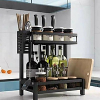 Kệ/ giá để gia vị nhà bếp đa năng 2 tầng bằng thép không gỉ màu đen có giỏ đựng đũa_inox Phú Khang