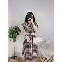 Đầm kẻ tay hến đai eo cho nữ