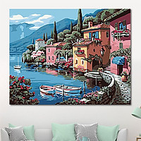 Tranh sơn dầu số hoá tự tô đã căng khung làng hồng bên sông kích thước 40*50