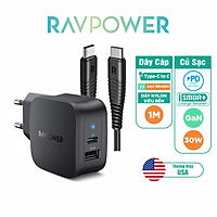 Combo RAVPower Củ Sạc Điện Thoại 2 Cổng 30W RP-PC132 + Dây Cáp Sạc Type-C To C RP-CB047 - Hàng Chính Hãng