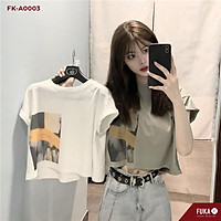 Áo thun nữ FUKA - Áo croptop nữ chất cotton cổ tròn tay xắn in hình siêu xinh