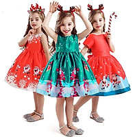 Girl Christmas Dress Santa Claus Snowflake Lace Patchwork Dress Cartoon Print Dress