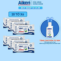 Aiken Combo 6 Gói Khăn Ướt Sạch Khuẩn Chiết Xuất Trà Xanh 20 tờ/gói