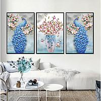 Decal dán tường trang trí phòng ngủ bộ 3 tranh đôi chim công bên hoa Mộc Lan Tipo_0226