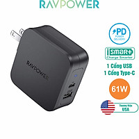 Adapter Sạc 2 Cổng Tích Hợp Type-C In/Out Hỗ Trợ Sạc Nhanh PD Power Delivery 61W RAVPower RP-PC105 - Hàng Chính Hãng