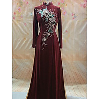 ÁO DÀI NHUNG CỔ CAO VÀ CỔ THUYỀN - ÁO DÀI DỰ TIỆC - MÀU ĐÔ - KẾT HOA SANG TRỌNG - HÌNH THẬT 100%