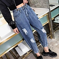Quần baggy nữ BIG SIZE lưng cao, rách bụi, lai kiểu 3466 dành cho người béo