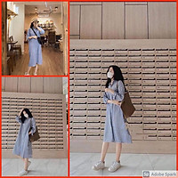 Váy Polo Xanh Nữ Đầm cổ sơ mi dáng suông kẻ caro xanh dài tay Ulzzang HOT
