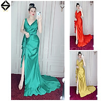 Đầm maxi dạ hội dự tiệc cổ V xẻ đùi nhún bèo eo sang trọng TRIPBLE T DRESS -Size M/L - MS134Y