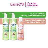 Bộ 2 Sữa Tắm Gội Trẻ Em Lactacyd Baby Extra Milky 500ml + 1 Dung Dịch Vệ Sinh Pro Sensitive 250ml