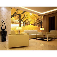 Tranh dán tường 3D phong cảnh thiên nhiên mùa thu vàng - vải lụa phủ kim sa (Kích thước theo yêu cầu)