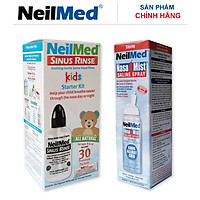 Combo Baby 24h Care: Bình Xịt Rửa Vệ Sinh Mũi Xoang NeilMed Sinus Rinse & Spray Kids -SX Mỹ, hỗ trợ điều trị Sổ Mũi, Nghẹt Mũi và Viêm Mũi Cho Bé (Bình 30 gói muối rửa; 1 chai xịt phun sương 75ml)