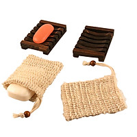 4PCs Soap Bag and Dish Set 2Pcs Wood Soap Holders 2Pcs Mesh Soap Exfoliating Bags Crochet Pattern Foaming and Drying