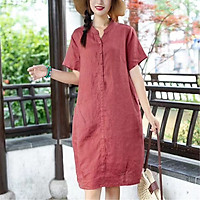 Đầm suông cổ trụ linen tay cộc túi bổ trước, chất vải linen mềm mát, thời trang xuân hè 2021