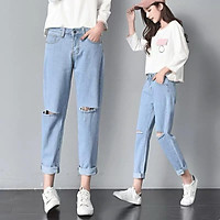 QUẦN JEAN BAGGY NỮ BIG SIZE RÁCH GỐI BIG SIZE KHÔNG CO DÃN PHOM QUẦN ỐNG RỘNG