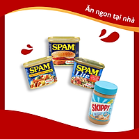 Combo Thịt Hộp SPAM 340g - Thịt Hộp SPAM Ít Béo 340g - Thịt Hộp SPAM Giảm Mặn 340g - Bơ Đậu Phộng Mịn Skippy 462g