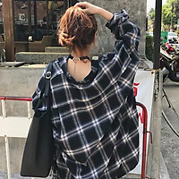 New Plaid Classic Retro Plaid Pattern Women Blouse Korean Style Loose Casual Black Lapel Long Sleeve Shirt