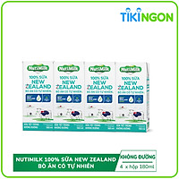Lốc 4 hộp 100% Sữa New Zealand Bò ăn cỏ tự nhiên Không đường 180ml