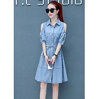 Đầm Jean Nữ Khoét Vai Thêu Hoa D773 - Xanh Nhạt (Free Size)
