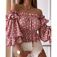 Mùa Hè Nữ Chấm Bi In Hình Lệch Vai Shirred Top 2021 Thanh Lịch Femme Tay Phồng Áo Áo Nữ Trang Phục Y2k Đường May Tỉ