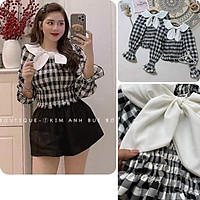 Áo kiểu nữ, áo nữ caro đen trắng phối nơ sọc caro đủ size S M L A-18