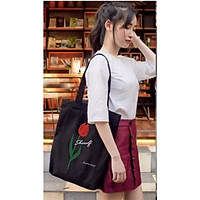 Túi tote vải canvas 2 màu đen,trắng phong cách Hàn quốc, ngăn phụ có khóa