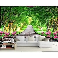 Tranh dán tường 3D con đường hàng cây - vải lụa phủ kim sa (Kích thước theo yêu cầu)