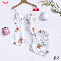 VINGO Bộ Đồ Ngủ Mặc Nhà Nữ Áo Hai Dây Quần Cộc Mùa Hè Lụa Mềm Thoáng Mát Họa Tiết Hồng Hạc N333 VNGO