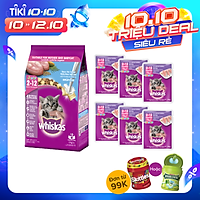Combo thức ăn cho mèo con Whiskas dạng hạt vị cá biển 1.1 kg + 6 túi pate mèo con vị cá ngừ 80g