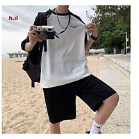 sét đồ bộ nam nữ, áo thun phối tay raplang CAMY + quần đùi đen ống rộng form chuẩn ảnh unisex freesize nam nữ dưới 55kg