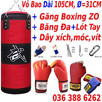 Sét vỏ bao cát đấm bốc boxing 3 lớp + găng mma hở ngón cao cấp + băng đa 5 m siêu bền - Tặng kèm dây xích + móc treo + vít nở sắt