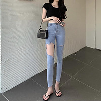 Quần jean nữ lưng cao rách gối co giãn CHERRY, quần bò nữ cạp cao rách gối dáng ôm chất jeans đẹp cao cấp T020