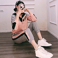bộ đồ thể thao nữ dài tay hồng phối ghi cá tính