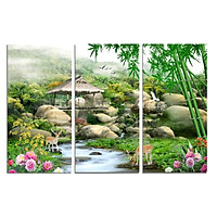 Tranh treo tường phòng khách- tranh treo tường 3 tấm dọc D2853/Gỗ MDF cao cấp phủ kim sa/ Chống ẩm mốc, mối mọt/Bo viền góc tròn