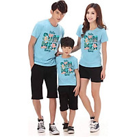 Combo 3 bộ đồ gia đình quần đen áo xanh in họa tiết Happy summer Time xinh xắn thời trang chất thun đẹp