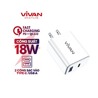 Củ Sạc Nhanh VIVAN 2 Cổng Type C & USB QC 3.0 Công Suất 18W DQ02U Tiêu Chuẩn Quốc Tế-Hàng chính hãng