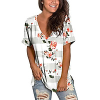 Summer New V-neck Printed Short-sleeved Top Fashion Loose Women's T-shirt Woman Tshirts Clothing