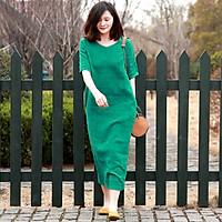Đầm suông linen cổ tim kèm đai rời trẻ trung LAHstore, chất vải linen mềm mát - Xanh két