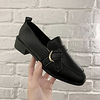 IELGY Square leather shoes women fashion British style retro wild thick heel soft leather casual