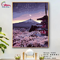 Tranh sơn dầu số hóa tự tô màu theo số Cảnh đêm núi Phú Sĩ hoa anh đào Nhật Bản PC4005