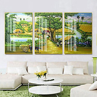 Tranh Tráng Gương Pha Lê Treo Tường Hiện Đại _ Tranh Bộ 3 Phong Cảnh Đồng Quê