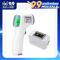 Nhiệt kế hồng ngoại đo trán cầm tay + Máy đo nồng độ oxy SpO2 trong máu cảm biến bằng xung đầu ngón tay