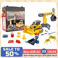 Bộ đồ chơi lắp ghép xe ủi KAVY kèm cần trục nâng hàng, công nhân và nhiều chi tiết, nhựa an toàn, đẹp