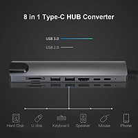 Hub Converter Aluminum Alloy 4k 30hz Hd Usb 3.0 Portable 8-in-1 Usb-c Multi Port Adapter For Laptop