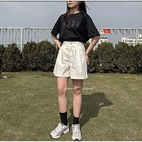 Quần Short Kaki Nữ Cạp Khuy Xắn Gấu - Quần sooc đùi dáng suông ống rộng cạp cao lưng chun kiểu dáng basic, vintage